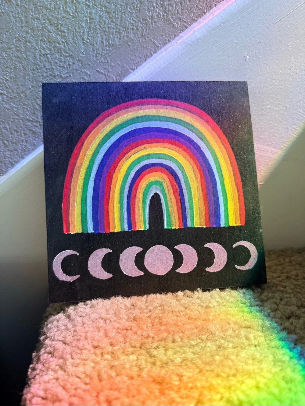 Hand-Painted Rainbow & Moon Phases Wall Art - Black Background